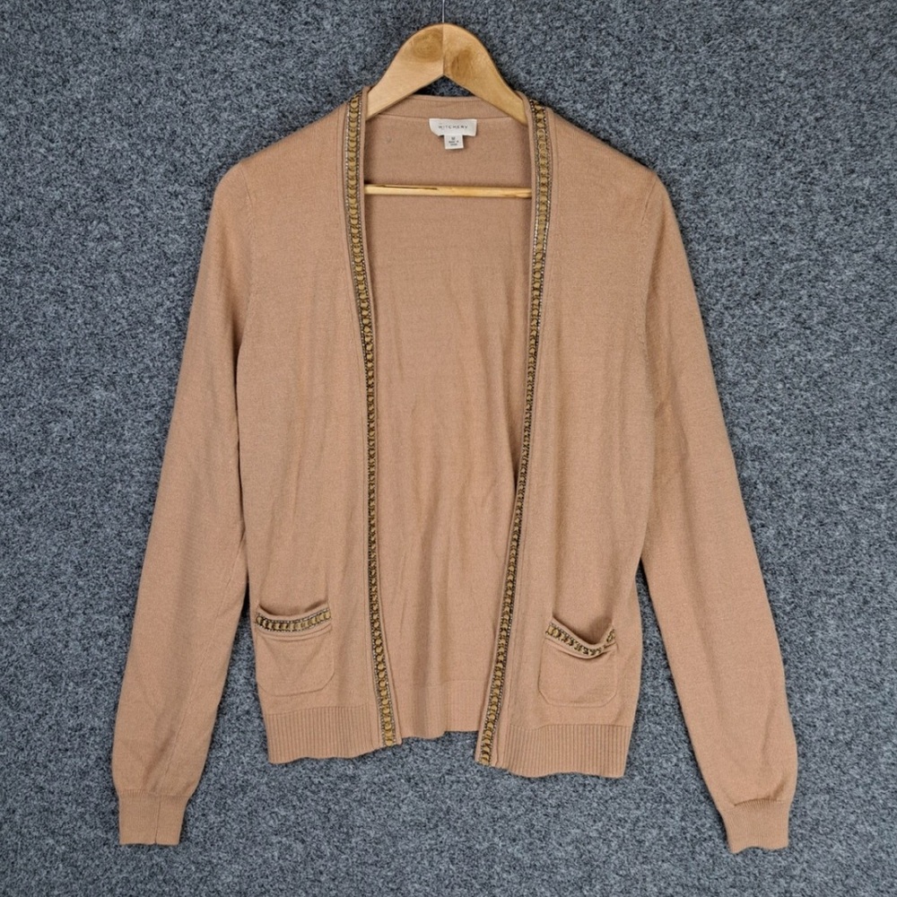 Witchery Womens Cardigan Size M Medium Beige Brown Knit Beaded Stretch Pockets